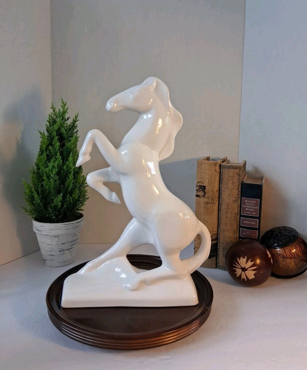 Vtg MCM 1960's White Porcelain Rearing Horse Figurine Ceramic Stallion